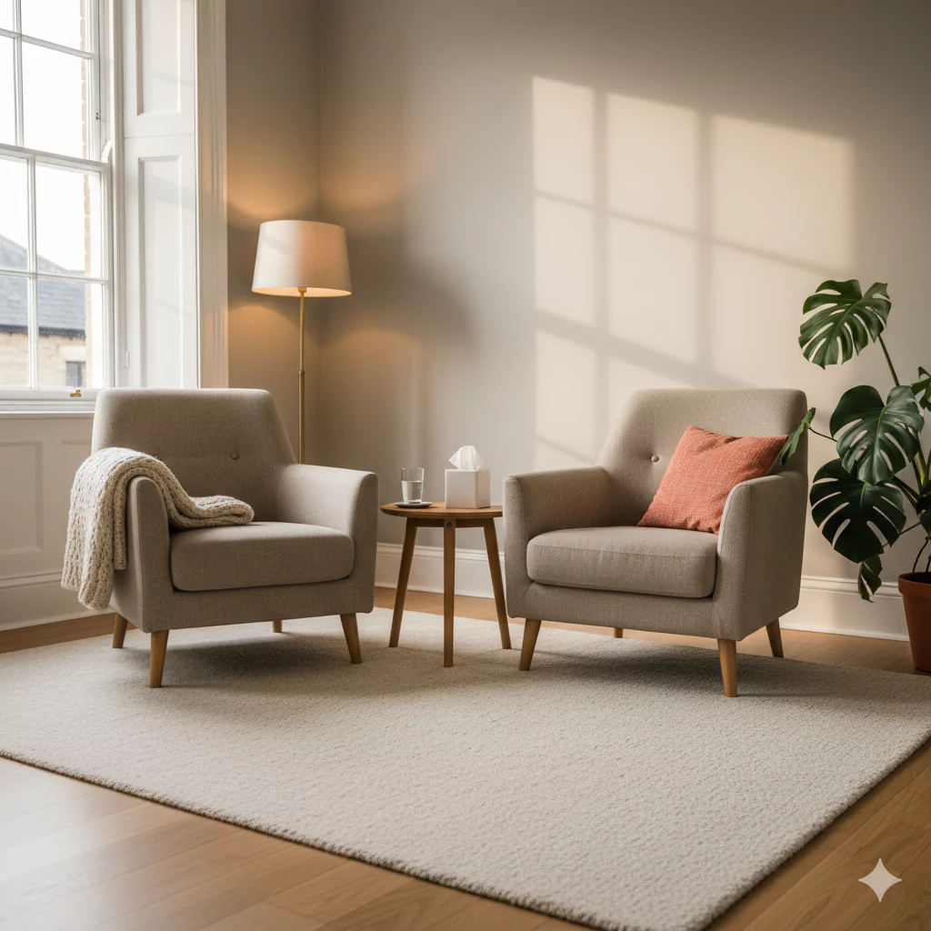 Calm counselling room in Exeter with two chairs and soft light.